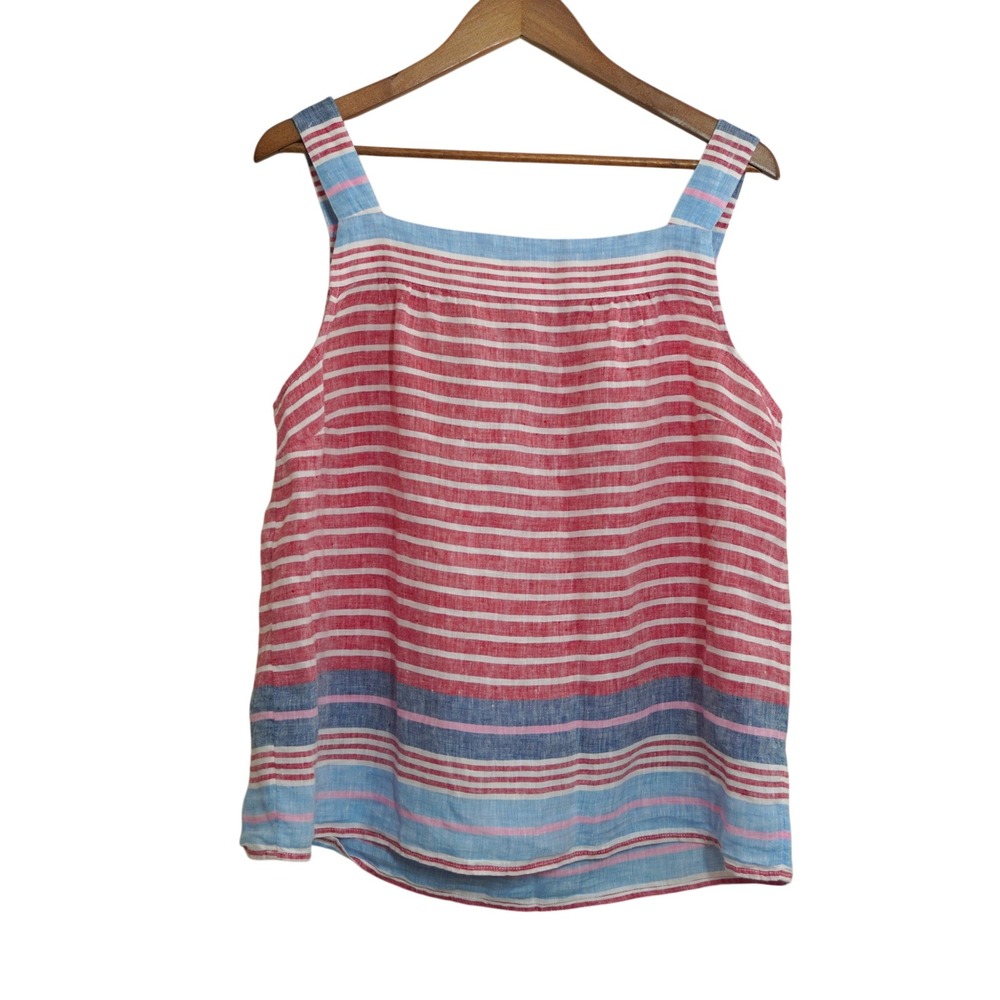 Talbots Size Large Red Blue White Striped 100% Linen Tank Top Square Neck